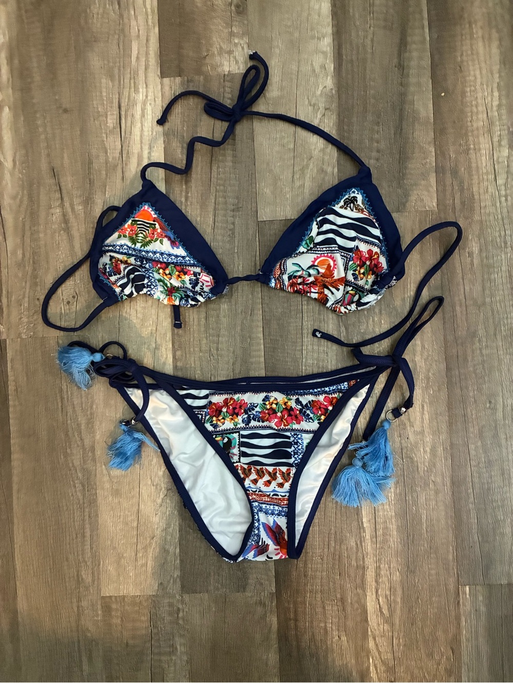 VENUS Navy Trim Floral Triangle Bikini Top